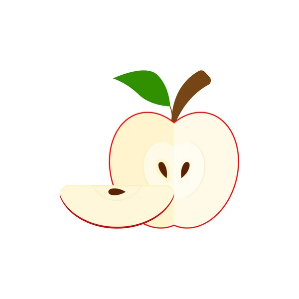 Demi Pomme Rouge Avec Une Tranche Fruit Avec Branche Feuille — Image vectorielle