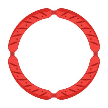 Daire şeklinde bir sosis seti. Beyaz arka planda sosisten yapılmış yuvarlak çerçeve. Düz vektör illüstrasyonu.