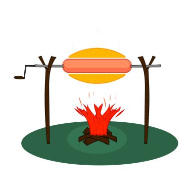 Ateşte kızartılmış tükürük içinde kocaman bir sosisli sandviç. Yakacak odunlu şenlik ateşiyle kızarmış sosis. Düz vektör illüstrasyonu.