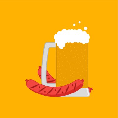 Sosisli bir bardak bira. Köpüklü bira bardağı, kabarcıklar ve atıştırmalık. Vektör illüstrasyonu.