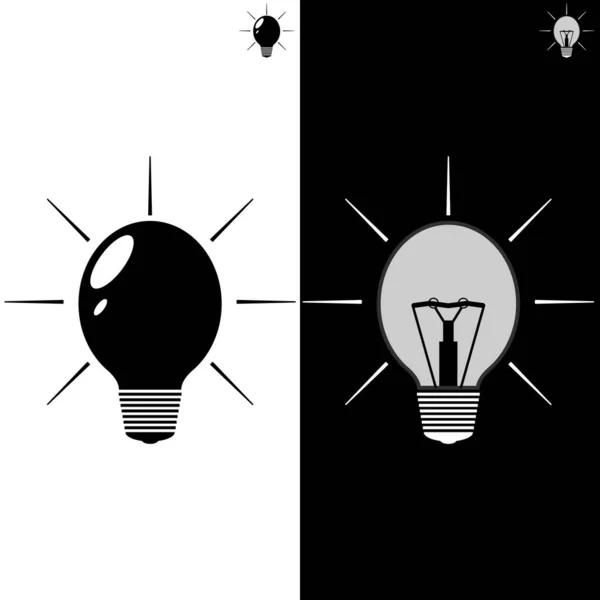 Two Light Bulbs Light Bulbs Silhouettes Black White Light Rays — Stock Vector