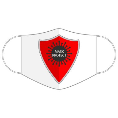Beyaz arka planda metal kalkanı olan koruyucu tıbbi yüz maskesi. Bağışıklık sistemi ve virüs koruma kavramı. Yüz maskesi bakteri saldırısını kalkanla yansıtır.