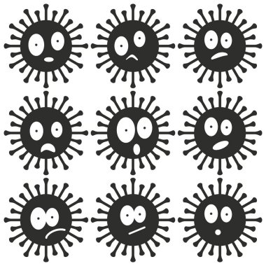Emoji ve emoticonlar koronavirüs simgeleri. Siyah siluet viral bakteri ve mikroplardan oluşan beyaz bir zemin üzerinde gözler, burun, ağız. Yuvarlak şekilli. Vektör illüstrasyonu.