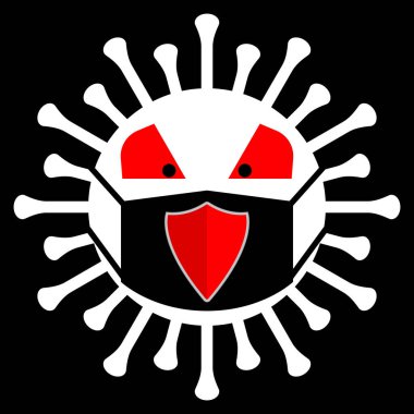 Koruyucu tıbbi maskeli, kalkanlı korkunç canavar-virüs. Siyah arka planda korkutucu kırmızı gözleri olan bir canavar-koronavirüsün beyaz silueti. Maske, kumaş, kağıt ve diğer şeyler için yazdır.