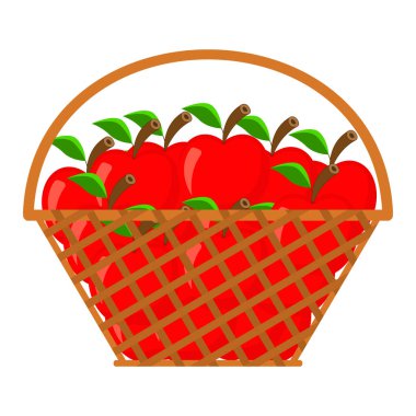 Kırmızı elmalarla dolu bir sepet. Küçük dalları ve yaprakları olan parlak meyveler. Beyaz arkaplanda vektör illüstrasyonu.