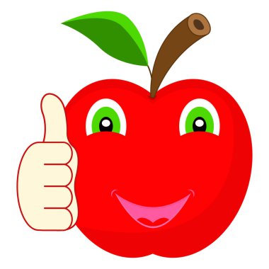 Sevimli, mutlu bir çizgi film karakteri kırmızı elma gülümsüyor ve başparmağını kaldırıyor. Beyaz arkaplanda Maskot Resimleri.