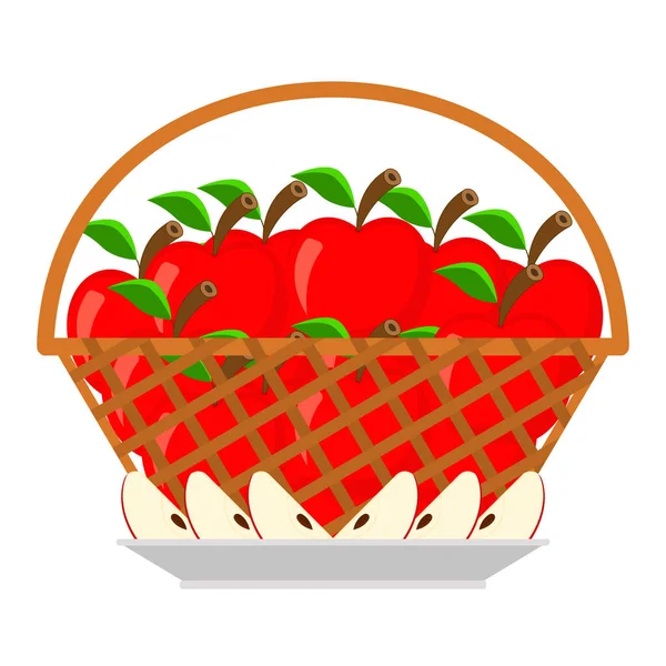 Panier Osier Plein Pommes Mûres Rouges Des Tranches Pomme Avec — Image vectorielle