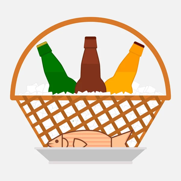 Bottles Beer Wicker Basket Ice Cubes Fish Plate Vector Illustration — Stock Vector