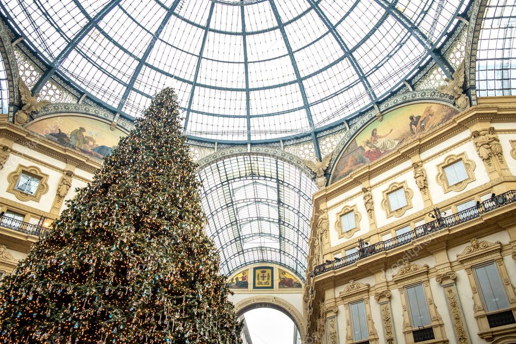 Interior at Vittorio Emanuele II Gallery on Christmas time, Milan, Italy