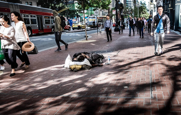 Homeless on the street in San Francisco, USA - August 21, 2019.