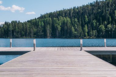 Güzel manzaralı gölün üzerindeki boş ahşap iskeleye yakın çekim