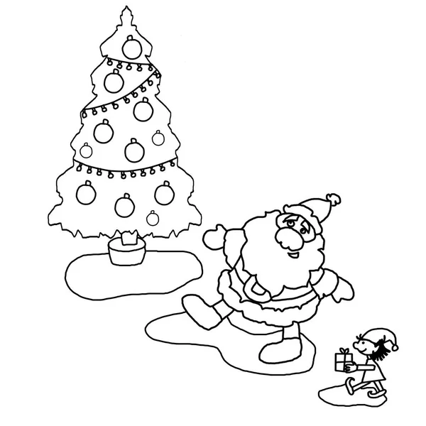 Ilustración, colorear, blanco y negro, Árbol de Navidad, Santa Claus, pequeño ayudante, llevar un regalo debajo del árbol . — Foto de Stock