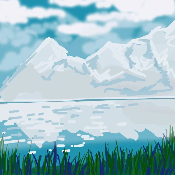 Illustration landscape, mountains, river, grassy shore. — Stock Photo, Image