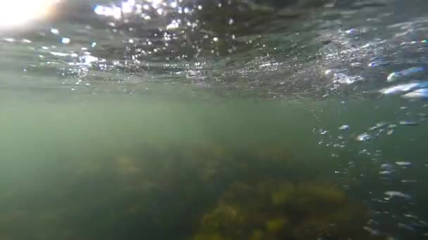 Une main humaine pulvérisation sous-marine bulles eau turbulente. Les rayons du soleil se courbent. Mer Noire. Sotchi . — Video