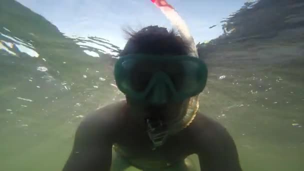 젊은 남자 튜브와 마스크에 물 속에 떠 있는 태양에 떠. — 비디오
