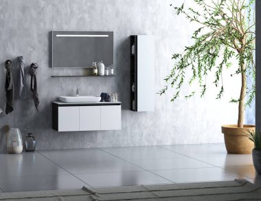 Modern banyo içi ve banyo mobilyaları ve banyo aksesuarları. 3D tasarım ve tasarım. 3d oluşturma