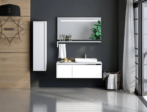 Modern banyo içi ve banyo mobilyaları ve banyo aksesuarları. 3D tasarım ve tasarım. 3d oluşturma