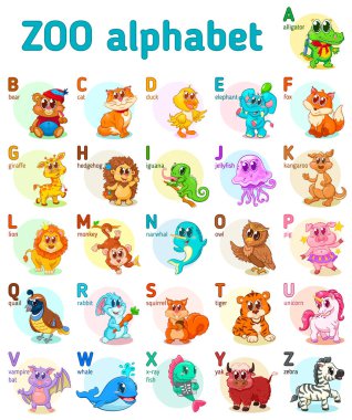 Çocuklar için sevimli hayvanlı İngiliz alfabesi.