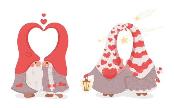 Милые Милые Гномы Персонажи День Святого Валентина — стоковый вектор