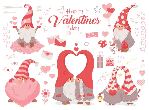 Set Vector Elements Valentine Day Cute Dwarfs — Stock Vector