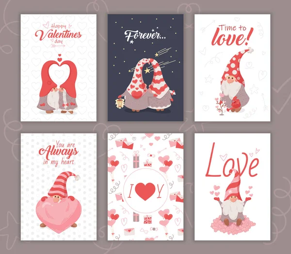 Set Cards Valentine Day Lovers Gnomes — 스톡 벡터