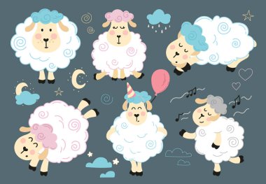 Set of ready-made vector illustrations with cute sheeps for decorative use or patterns. clipart