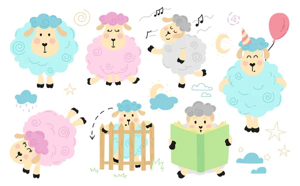 Set Ready Made Vector Illustrations Funny Sheeps Decorative Use Patterns — Stock Vector