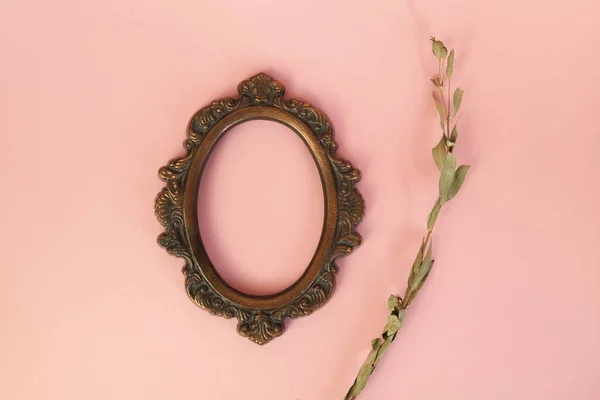 Oval art frame on pink background. Empty bronze metal picture frame. Copy space, vintage picture mockup.
