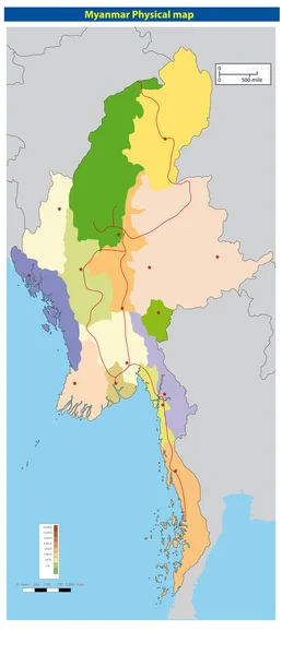 Myanmar Mapa físico — Vector de stock