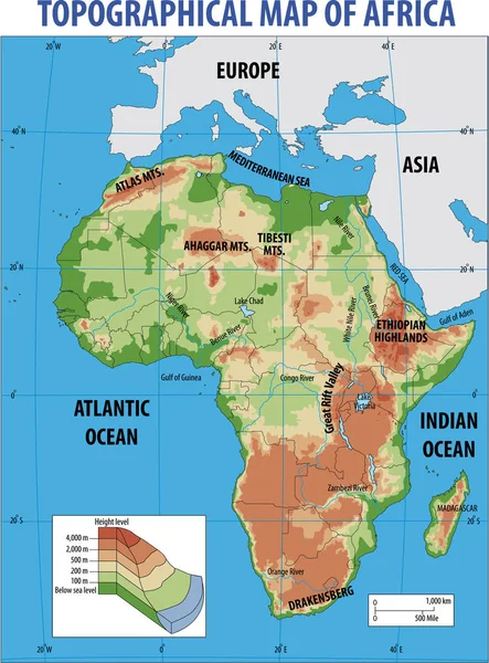 Ilustração vetorial do mapa topográfico da África — Vetor de Stock