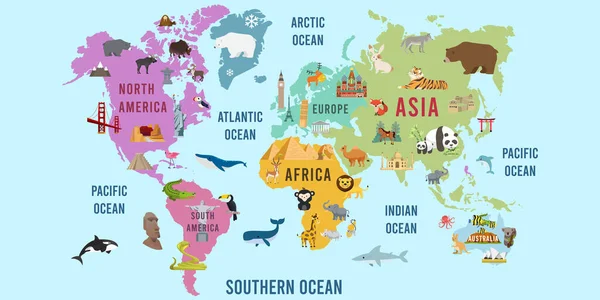 Ilustração Vetorial Mapa Mundo Animal Design Plano — Vetor de Stock
