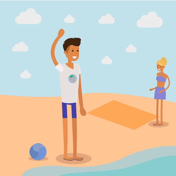 Cartoon paar op het strand — Stockvector