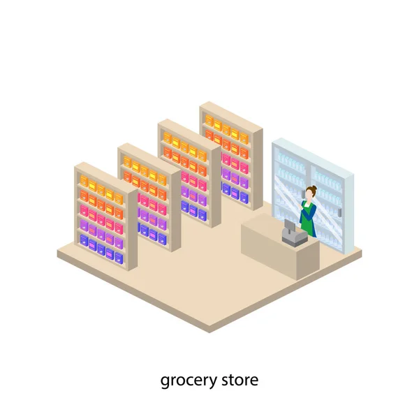 Kruidenier en supermarkt isometrische — Stockvector