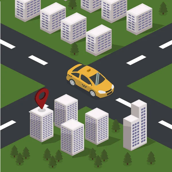 Taxi coche con edificios — Vector de stock