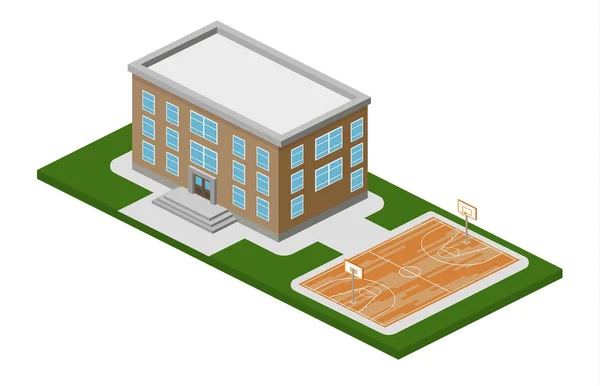 Edificio con campo de baloncesto — Vector de stock