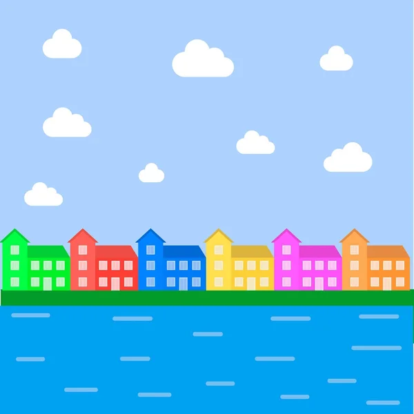 Kleurrijke huizen boven rivier — Stockvector