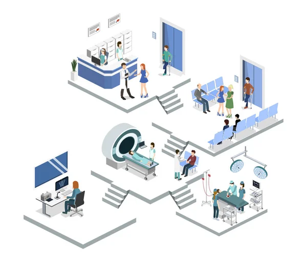 Recepción isométrica en el hospital — Vector de stock