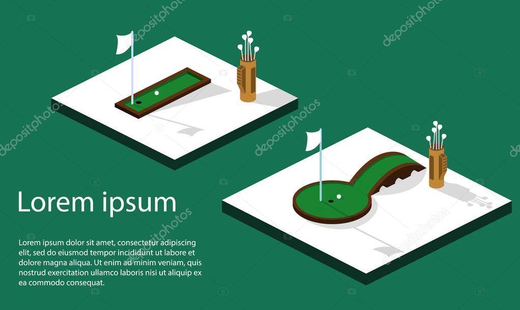 Golf course with a ball and a golf bag poster template