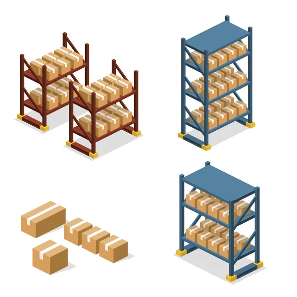 Isometric warehouse shelves with boxes — Stock Vector