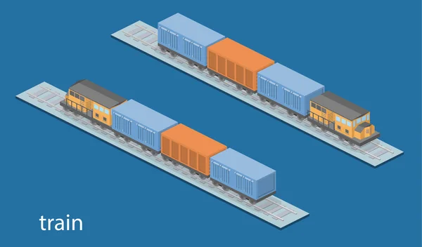 Treno merci con illustrazione vettoriale 3D isometrica sulla ferrovia — Vettoriale Stock