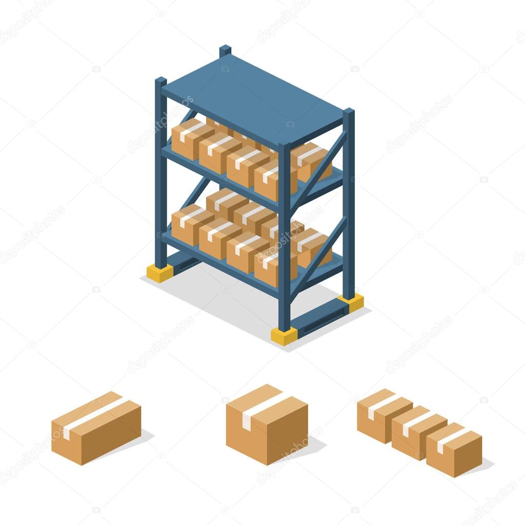 Isometric warehouse shelves with boxes