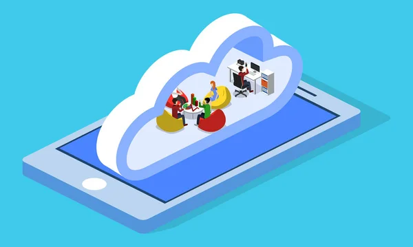 Ufficio cloud con persone e smartphone — Vettoriale Stock