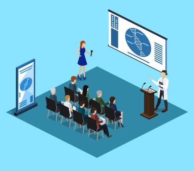 İzometrik 3d illüstrasyon kavramı rapor öğrencileri ile tıbbi bir konferansta vektör