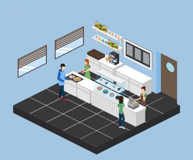 İzometrik 3d çizim tasarım iç Kahve Dükkanı, kafede garsonluk ve kek ile vektör