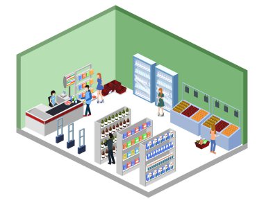 İzometrik 3d illüstrasyon kavramı bakkallar alıcı ve kasiyer ile vektör