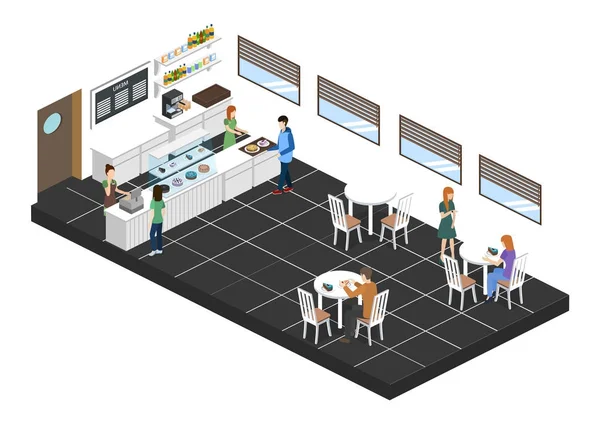 Izometryczny Wektor Ilustracja Projektowania Wnętrz Kawiarni Kawiarnia Kelnerki Ciasta — Wektor stockowy