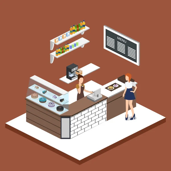 Izometryczny Wektor Ilustracja Projektowania Wnętrz Kawiarni Kawiarnia Kelnerki Ciasta — Wektor stockowy