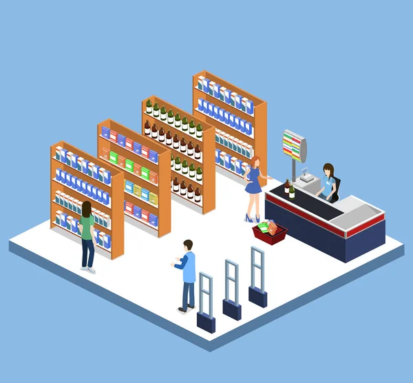 Isométrico Vector Concepto Ilustración Una Tienda Comestibles Con Compradores Cajero — Vector de stock