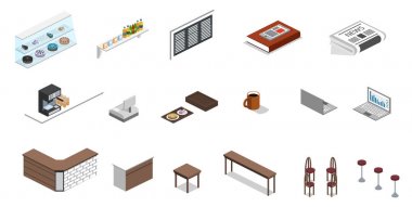 İzometrik 3d kahvehane yapmak için nesne kümesi illüstrasyon vektör 