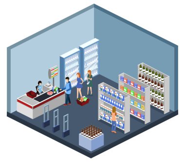 İzometrik 3d illüstrasyon kavramı bakkallar alıcı ve kasiyer ile vektör 